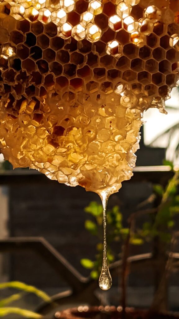 Close-up of a golden honeycomb dripping fresh honey outdoors, showcasing natural hexagon patterns.